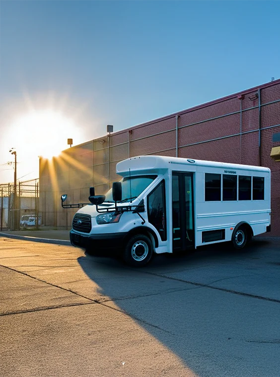 White shuttle bus parked next to a prison near Charlotte